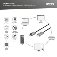 Digitus DB-340202-018-S HDMI-kabel HDMI Aansluitkabel HDMI-A-stekker, DisplayPort-stekker 1.8 m Zwart 4K UHD, Afgeschermd (drievoudig), Flexibel, Halogeenvrij - thumbnail