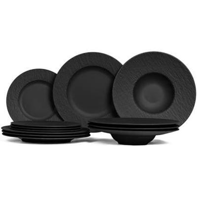 Villeroy & Boch Serviesset Manufacture Rock - Zwart - 12-delig / 4 personen - 4 dinerborden, 4 ontbijtborden en 4 pastaborden