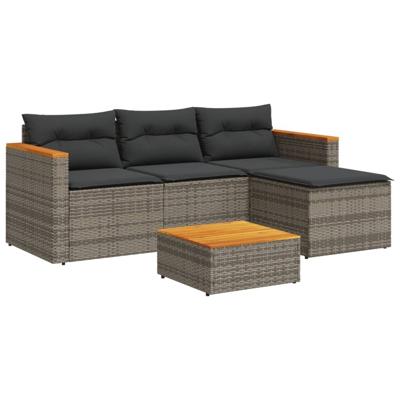 5-delige Loungeset met kussens poly rattan acacia grijs