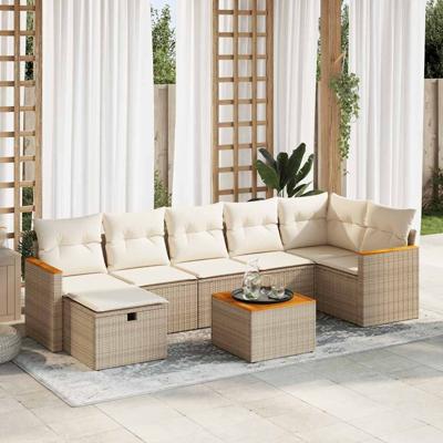7-delige Loungeset met kussens poly rattan beige