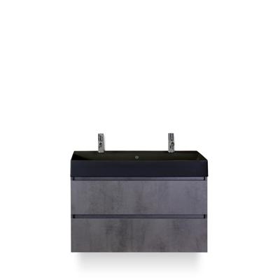Maxx XL Badmeubelset 100 cm - Beton Antraciet - Wastafel Kube Zwart 2 kraangaten