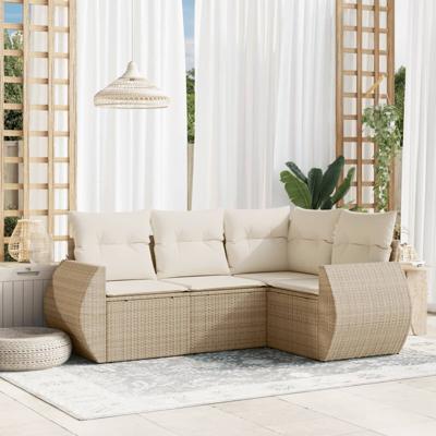4-delige Loungeset met kussens poly rattan beige