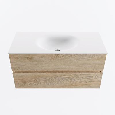 MONDIAZ VICA 100cm badmeubel onderkast Washed Oak 2 lades. Wastafel MOON midden zonder kraangat, kleur Talc.