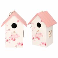 2x Nestkast/vogelhuisje Hout Wit Met Roze Dak 15 X 12 X 22 Cm - Vogelhuisjes - thumbnail