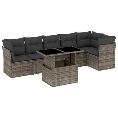 7-delige Loungeset met kussens poly rattan grijs