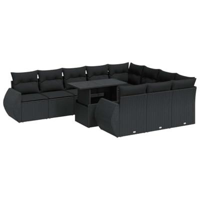 11-delige Loungeset met kussens poly rattan zwart