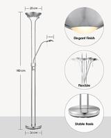 Klassieke vloerlamp 50/50/180cm - dimbare staande lamp met flexibele leeslamp - Geborsteld staal - LED geintegreerd - geschikt voor woonkamer, slaapkamer en thuiskantoor - thumbnail