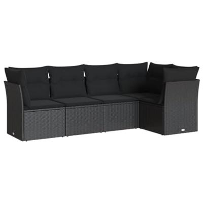 5-delige Loungeset met kussens poly rattan zwart