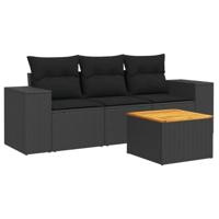 4-delige Loungeset met kussens poly rattan zwart - thumbnail