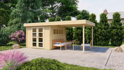 Tuindeco Dellinger blokhut 300x300 cm + overkapping 300 cm 28 mm vuren grijs geïmpregneerd