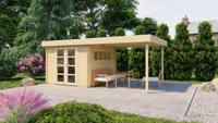 Tuindeco Dellinger blokhut 300x300 cm + overkapping 300 cm 28 mm vuren grijs geïmpregneerd - thumbnail