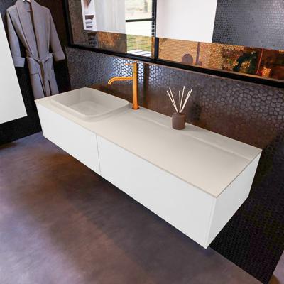 Badkamermeubelset Mondiaz Erin 150 cm met 2 Lades met RIDGE Wastafel Links Linen met 1 kraangat Greeploos Mat Talc