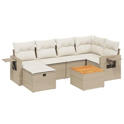 7-delige Loungeset met kussens poly rattan beige - thumbnail
