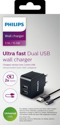 Philips Ultrasnelle wandoplader met 2 USB-poorten en 1 micro USB-kabel Philips Ultrasnelle wandoplader met 2 USB-poorten en 1 micro USB-kabel
