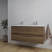 Adema Chaci Badkamermeubelset - 120x46x57cm - 2 ovale keramische wasbakken wit - 2 kraangaten - 2 lades - noten (hout) SW1212779/SW718719 - thumbnail