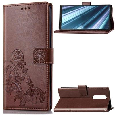 Lucky klaver geperst bloemen patroon lederen case voor Sony Xperia 1/Xperia XZ4 met houder & card slots & portemonnee & hand strap (bruin)
