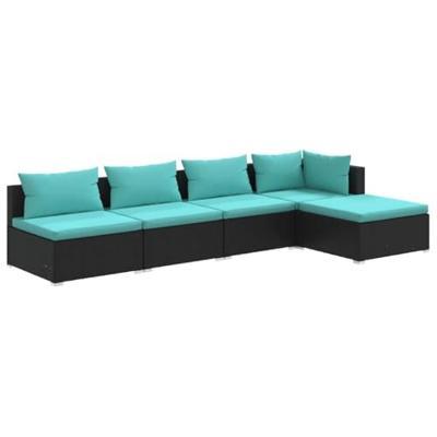 5-delige Loungeset met kussens poly rattan zwart