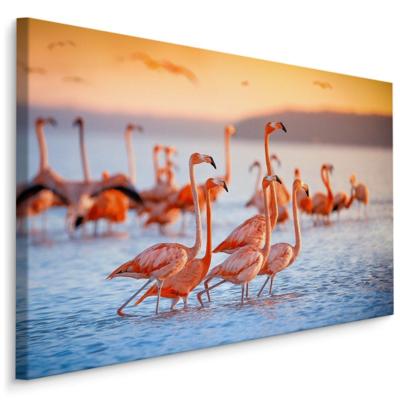 Schilderij - Flamingo&apos;s, Roze en blauw, premium Print