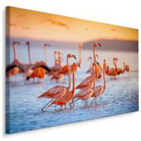 Schilderij - Flamingo&apos;s, Roze en blauw, premium Print - thumbnail