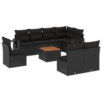 9-delige Loungeset met kussens poly rattan zwart - thumbnail