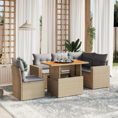 6-delige Loungeset met kussens poly rattan beige