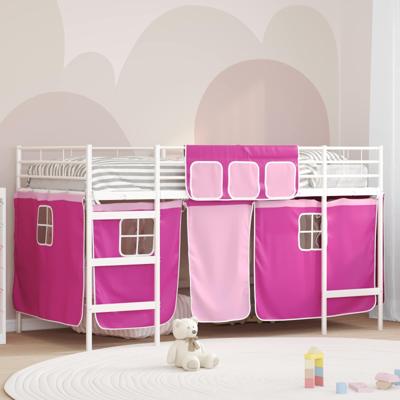 Loftbedframe voor Kinderen met Gordijnen Wit en Roze