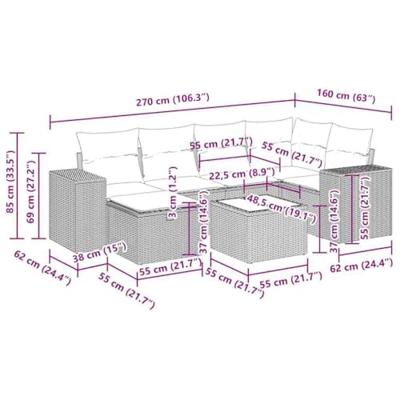 7-delige Loungeset met kussens poly rattan grijs