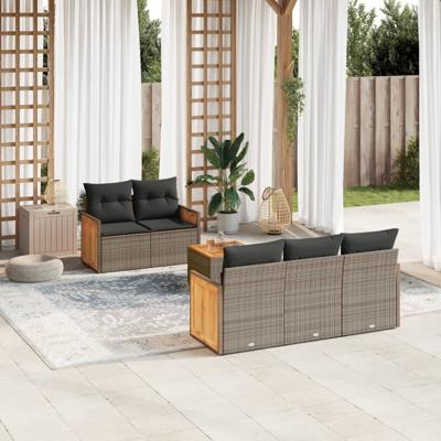 6-delige Loungeset met kussens poly rattan grijs