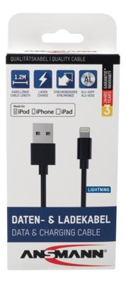 Ansmann 1700-0078 USB-kabel USB-A stekker, Apple Lightning stekker 1.20 m Zwart Aluminium-stekker, TPE-mantel, Stekker past op beide manieren