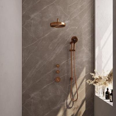 Brauer Stripe thermostatische inbouw regendouche SET 11 met 25 cm douchekop en gebogen muurarm en 3-standen handdouche en doucheslang en geintegreerde glijstang koper geborsteld PVD