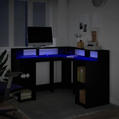 Bureau met LED-verlichting 130x130x91 cm bewerkt hout zwart - thumbnail