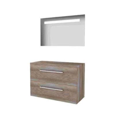 Basic-Line Economic 46 Badkamermeubelset - 100 x 46 cm - Met Grepen - 2 Lades - Wastafelblad - Spiegel met LED Verlichting - Scotch Oak