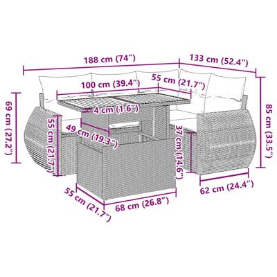 5-delige Loungeset met kussens poly rattan zwart