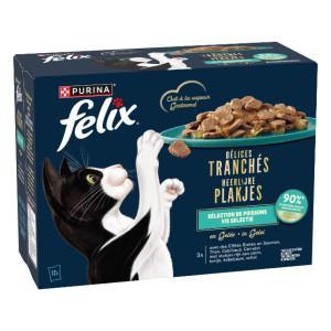 Felix Heerlijke Plakjes Vis Selectie met zalm, tonijn, kabeljauw, schol in gelei natvoer kat 2 x (24 x 80 g)