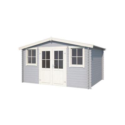 Outdoor Life Dallas Blokhut 396x312 cm 28 mm vuren Platinum Grey-Wit gecoat- Zadeldak- - Outdoor Life