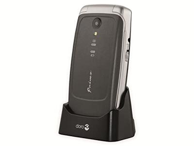 Doro Primo 408 by mobiele telefoon met groot kleurendisplay, verlicht toetsenbord, noodoproepknop, valsensor, camera, zaklamp, alarmfunctie, incl. tafellaadstation, 360092, grijs