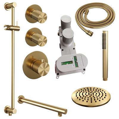 Gold Carving thermostatische regendouche SET 13: 20 cm douchekop, rechte muurarm, staaf handdouche, doucheslang, geïntegreerde glijstang - goud geborsteld PVD