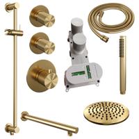Gold Carving thermostatische regendouche SET 13: 20 cm douchekop, rechte muurarm, staaf handdouche, doucheslang, geïntegreerde glijstang - goud geborsteld PVD - thumbnail