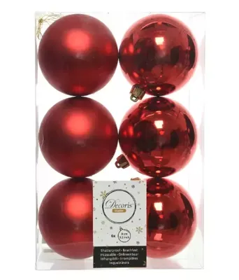 6 kerstballen kerstrood 80 mm KSD - Ksd