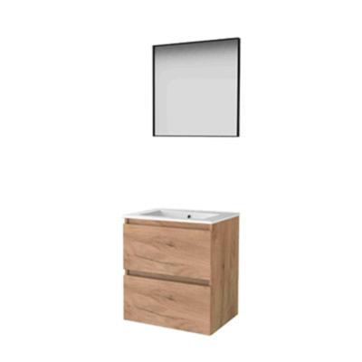 Basic-Line Framed 46 Badkamermeubelset - 60 x 46 cm - Greeploos - 2 Lades - Keramische Wastafel - 1 Kraangat - Spiegel met Zwart Aluminium Frame - Whisky Oak