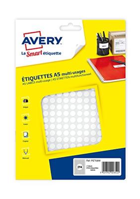 Avery PET08W ronde markeringsetiketten, diameter 8 mm, blister van 4704 stuks, wit Avery PET08W ronde markeringsetiketten, diameter 8 mm, blister van 4704 stuks, wit
