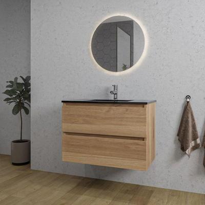 Adema Chaci Badkamermeubelset - 80x46x55cm - 1 keramische wasbak zwart - 1 kraangat - 2 lades - ronde spiegel met verlichting - eiken SW1212767/SW761655/SW108328 Adema Chaci Badkamermeubelset - 80x46x55cm - 1 keramische wasbak zwart - 1 kraangat - 2 lades - ronde spiegel met verlichting - eiken SW1212767/SW761655/SW108328