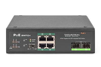 DIGITUS industriële 6-poorts Gigabit PoE netwerkswitch - 4x RJ45 + 2x Gigabit SFP uplink - unmanaged - DIN rail montage - 10/100/1000 Mbit/s - zwart