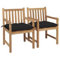Tuinstoelen 2 st met zwarte kussens massief teakhout - thumbnail