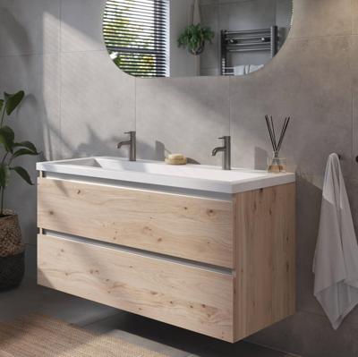 Saqu Gaia badmeubel incl. glans witte wastafel 120x52x64cm naturel eiken - aluminium greeplijst