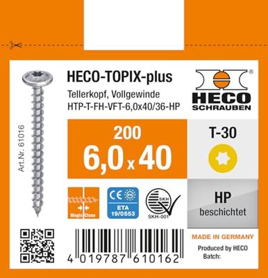 HECO-TOPIX-plus 6,0 x 40, tk, T30, VVD, HP, 200 st - HC61016