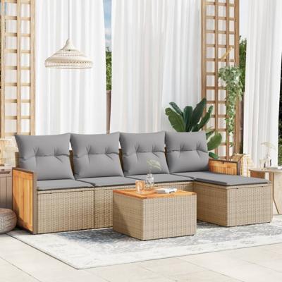 6-delige Loungeset met kussens poly rattan beige - thumbnail