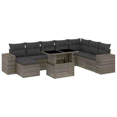 9-delige Loungeset met kussens poly rattan grijs