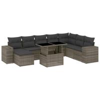 9-delige Loungeset met kussens poly rattan grijs - thumbnail