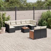 10-delige Loungeset met kussens poly rattan zwart - thumbnail